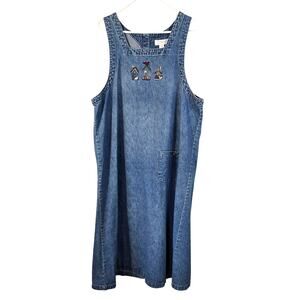 Vintage CJ Banks Jumper Dress Women's 16W Denim Birdhouses Embroidered Modest